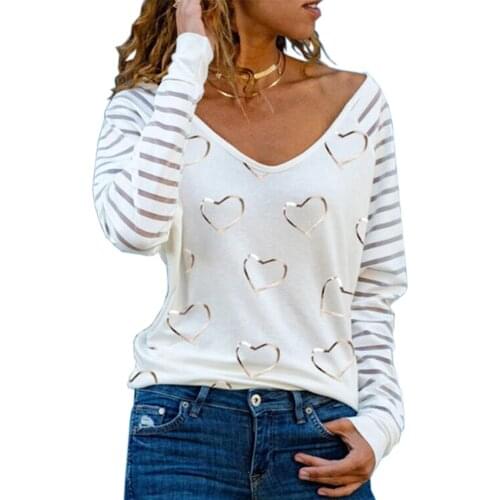 Y2K Women V-neck Pullover Casual Style T-shirt Adults Stripe Heart Print Long Sleeve for Fall