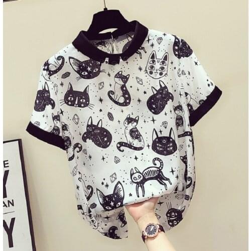 Cat Print Summer New Slim Top Vintage White Black Chiffon Shirt Women Blouses Casual Short Sleeve White Tops Blusas Mujer
