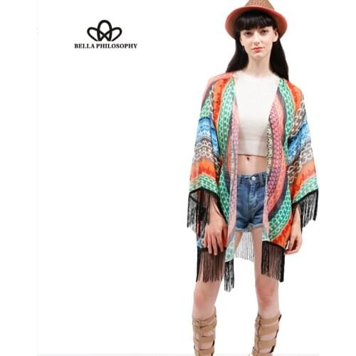 Bella Philosophy 2016 summer beach ethnic red floral print half sleeve black tassels chiffon kimono shirt bikini cover up