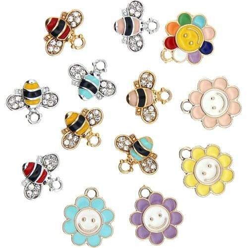 10pcs/lot 12*14mm Enamel bee and Flower Charm For Jewelry Making Cute Earring Pendant Bracelet Necklace DIY Accessories Findings