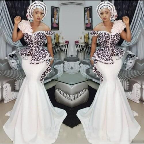 Stylish AsoEbi Mermaid Prom Dresses Sexy Off Shoulder Lace Applique Peplum Dubai Party Dresses Glamorous Satin Evening Dresses