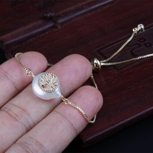 White clear cz crystal tiny tree of life charm freshwater pearl bead charms dainty gold link bracelets for women jewelry gift