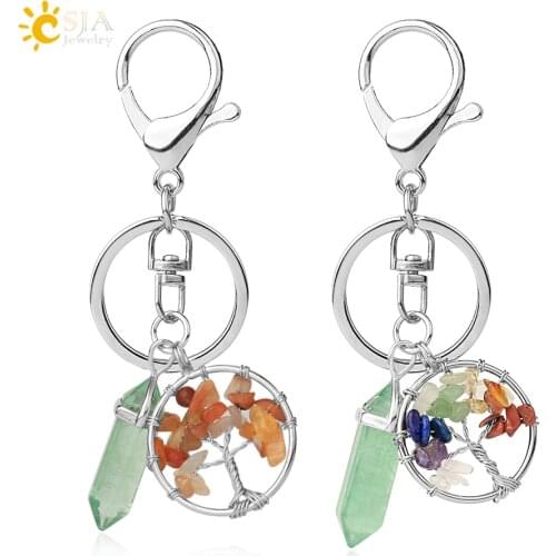 CSJA Natural Stone Keychains Green Fluorite Winding Tree of Life Reiki Pendant Crystal Key Chain for Bag Car Ladies Jewelry G381