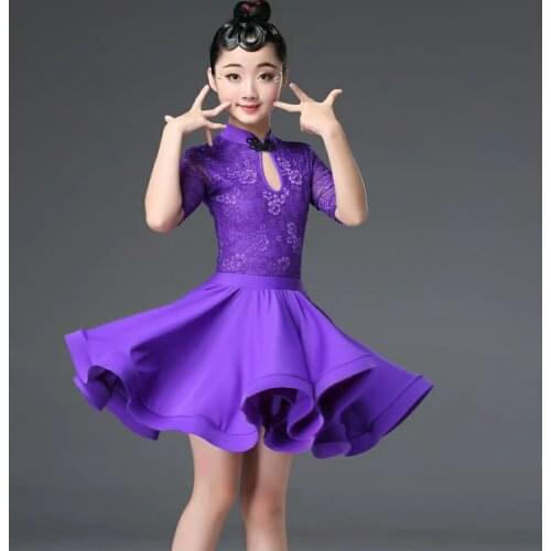 Purple lace latin dance dress competition for children girls competition ballroom kids skirt tango salsa dancewear practice wear