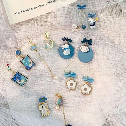 Dongdaemun Elegant Blue Super Fairy Earrings Cartoon Rabbit Universe Planet Earring Retro Bow Silver Needle Cute Animal Earings