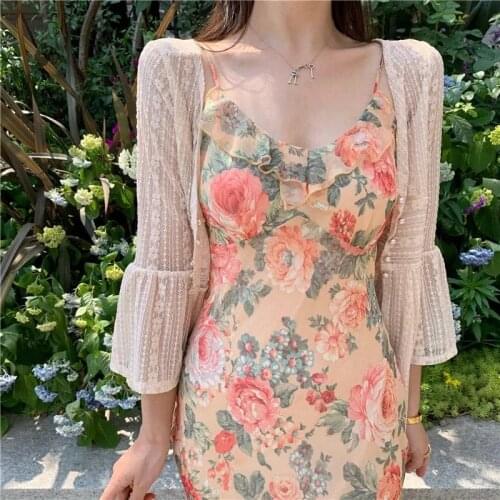 French Sweet Vintage Floral Dress Women Casual Spaghetti Strap Beach Dress Female Summer Office Lady Party Vestidos