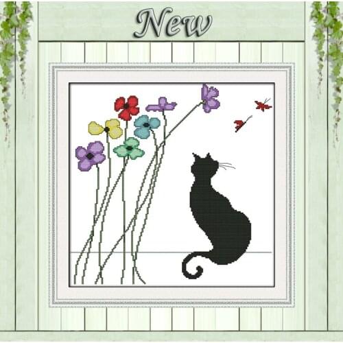 Black cat and flowers decor paintings counted print on canvas DMC 11CT 14CT Chinese Cross Stitch kits embroidery needlework Sets