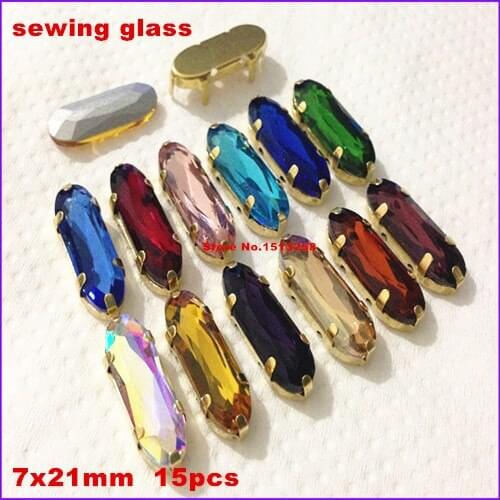 Mix Colors 15pcs 7x21mm Long Classical Oval Fancy Stone With gold Claw Setting For Sewing On Jewelry,Dress,clothes making