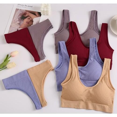 Womens Bra Set Sexy Cropped Top And Pantys Seamless Briefs For Girls Tank Top Thong Lingerie Suit Soft Underwear Sets 6 Colors
