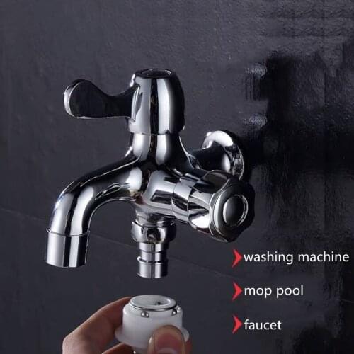 Washing Machine Faucets Chrome Brass Bathroom Wall Mounted Dual Water Outlet/Control Garden Faucet Bath Toilet Mop Pool Taps