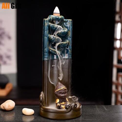 Creative Monkey King Smoky Waterfall Ceramics Ruyi Golden Hoop Stick Monkey King Backflow Incense Burner Home Decoration Gift