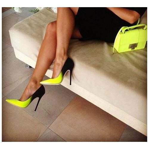 Hot Seling Pointed Toe Black Lemon Gradient Color Pumps High Heel Party Dress shoes woman For Women Sexy Size 34-41 Free Ship