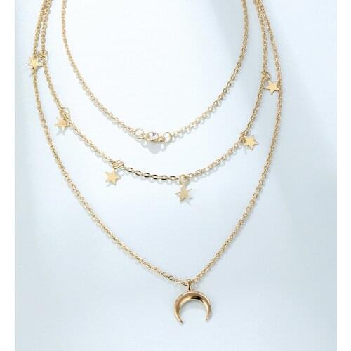 Fashion Hip Hop Multi Layer Pendants Necklaces for Women Gold Star Moon Cubic Zirconia Thick Chain Alloy Metal Necklace Jewelry