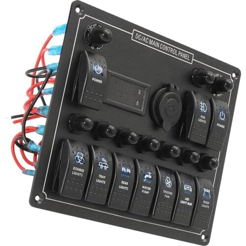 Marine Boat Rocker Switch Panel 10 Gang with Cigarette Lighter Socket + Digital Voltmeter - Blue LED Light