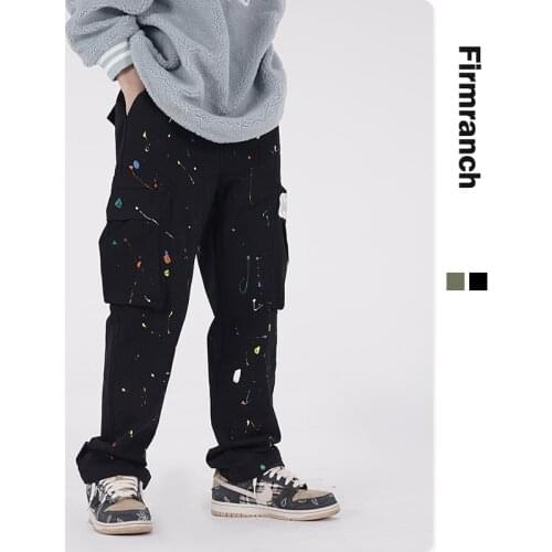 Firmranch New Fall Winter Original Casual Splash Ink Dot Print Pocket INS Hot Cargo Pants Cargo Loose Straight Casual Trousers