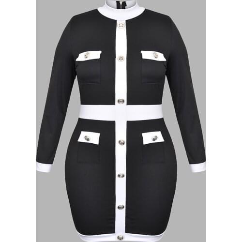 Sale Vintage Button Dress Women Winter Long Sleeve Dresses Ladies Plus Size Elegant Slim Fit Dress Mini Party Dress Female D30