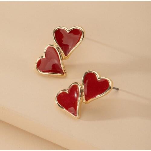 New Cute Red Enamel Double Heart Stud Earrings for Women Girl Minimalist Statement Gold Charm Earring Valentines Day Gift