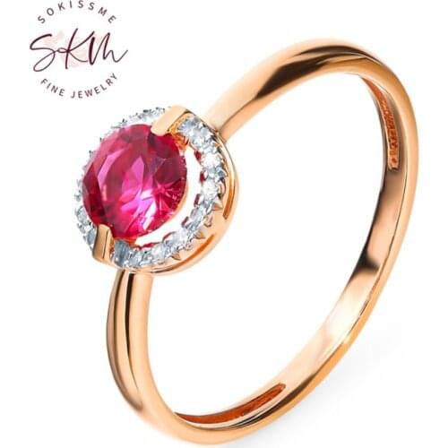 SKM Rose Gold Ruby Ring For Women Genuine Fancy Engagement ring Diamond Anniversary Unique Elegant Fine Jewelry