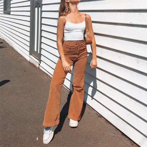 Corduroy Flare Pants Women Tight Long Pants Solid Color High Waist Casual Pants with Pockets Ladies Stylish Trousers