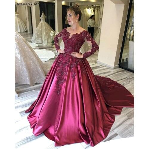 Vintage Lace Applique Beads Long Sleeves Evening Dresses Arabic Dubai Prom Gowns Plus Size Satin Sweep Women Formal Dresses