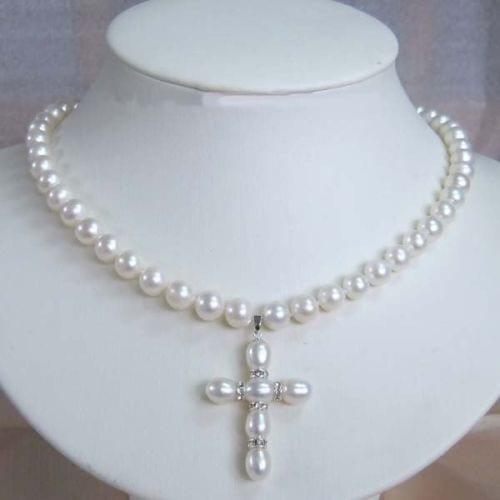 JEWELRY 7-8MM PEARL AND PEARL CROSS PENDANT NECKLACE
