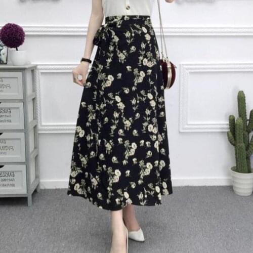 Zuolunouba Summer Fashion Office Lady Skirt Floral Asymmetrical Lace-up Mid-calf Black Natural Women Skirts Beach