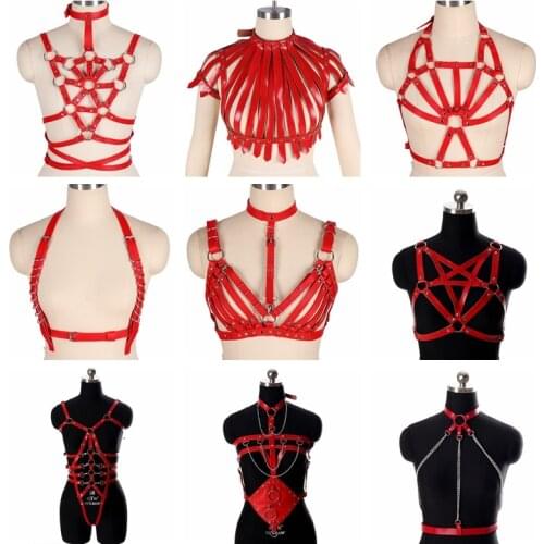 Harajuku Goth Leather Harness Bra Hot Red Cage Chest Hollow Out Top Pole Dance Rave Strap Bondage Belt Adjust Sexy Lingerie