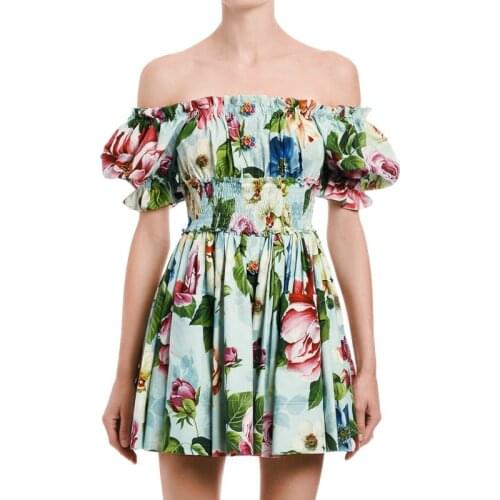 Summer Sundress Runway Self Portrait Rose Floral Print Cotton Dress Women Off Shoulder Puff Sleeve Buttons Pocket Beach Dress