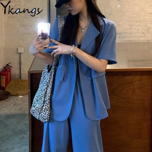 Chiffon Short Sleeve Y2k Streetwear Blazer Sets Women Solid High Waist Loose Wide Leg Pants Chic Korean Baggy Purple Pants Sets