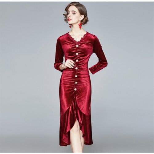 Fall 2020 Winter Red Velvet Dress Women Sexy V Neck Vintage Ruffle Bodycon Mermaid Dress Evening Party Dresses High Quality Robe