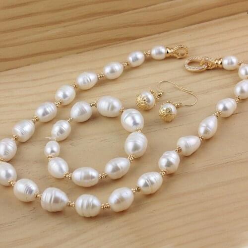 Women Gift word 925 Sterling real New natural irregularly shaped pearl necklace, large set of threaded 14-15mm bracelets