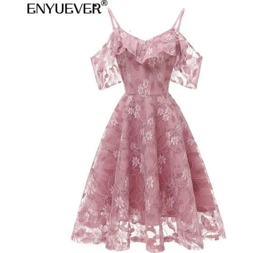 Enyuever Pink Party Dress 2021 Spaghetti Strap V Neck Swing Elegant Lace Dress For Wedding Plus Size Womens Clothing Vestidos