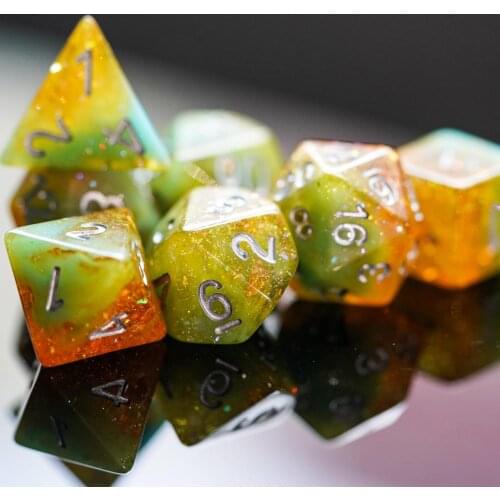 7Pcs/Set Green/Brown DND Dice with Colorful Glitter D&D Dice Polyhedral Games Dice Set for Table Games MTG RPG