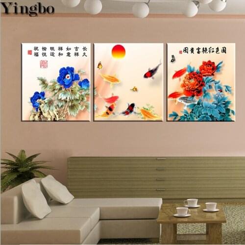 3PCS Diamond Embroidery Koi Fish Peony Flowers Diy Diamond Paintings Full drill square rhinestone Mosaic painting decor home