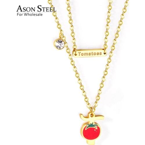 ASONSTEEL Tomato Pendant Multi Layer Necklace Gold Color Stainless Steel Chain with Cubic Zirconia for Women Girl Fashion Gift