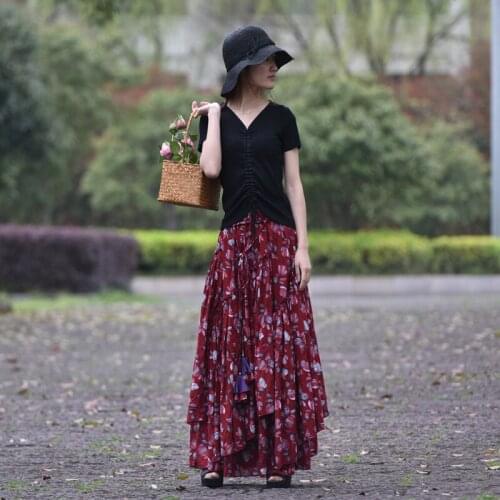 Free Shipping 2021 Fashion Long Maxi A-line Elastic Waist Women Summer Cotton Linen S-2XL High Quality Skirts Flower Print Skirt