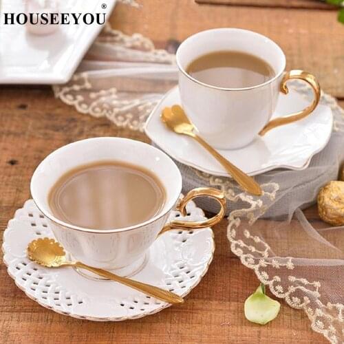 British White Bone China Coffee Cup Saucer Spoon Set 200ml Concise Ceramic Teacup Europe Porcelain Tea Cup Cafe Mug Drinkware