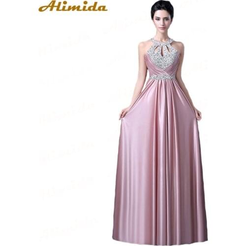 ALIMIDA Long Satin Evening Dress 2020 Beading Prom Dresses Sexy Back Sleeveless Party Dresses Corset Vestido De Festa