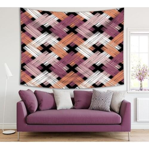 Tapestry Boho Tribal Folk Motifs 2014geometrical Zigzag Style Pattern on Black Background Purple Beige White