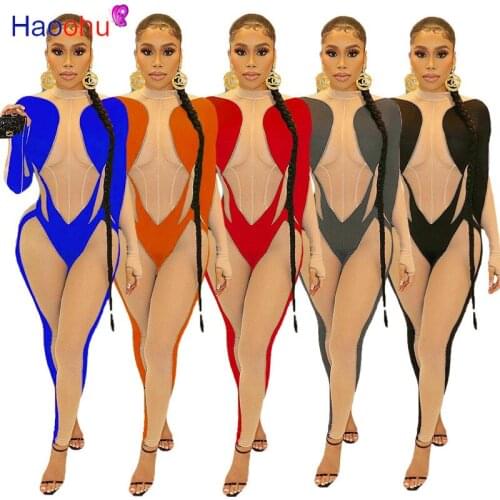 HAOOHU Jumpsuit Women One Piece Sexy Party Clubwear Outfits Mesh Sheer See Through Patchwork Bodycon 2021
