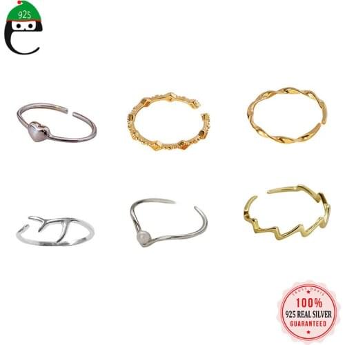 ElfoPlataSi Genuine 925 Sterling Silver Fashion Heart V Shape Waves Opening Ring For Women Wedding Party Fine Jewelry DD1229