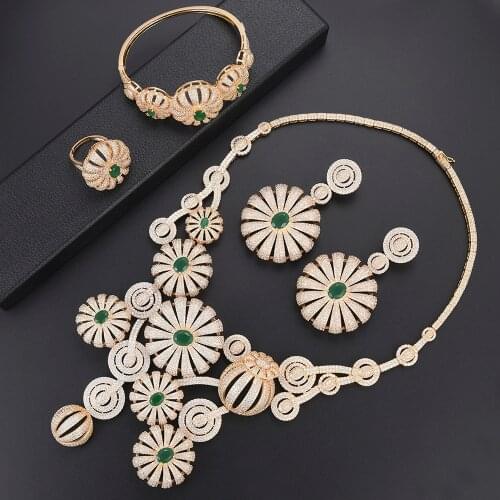 LARRAURI 4PCS Hyperbolic Necklace Bangle Drop Earrings Ring Luxury Dubai Nigerian CZ Bridal Wedding Jewelry Sets For Women