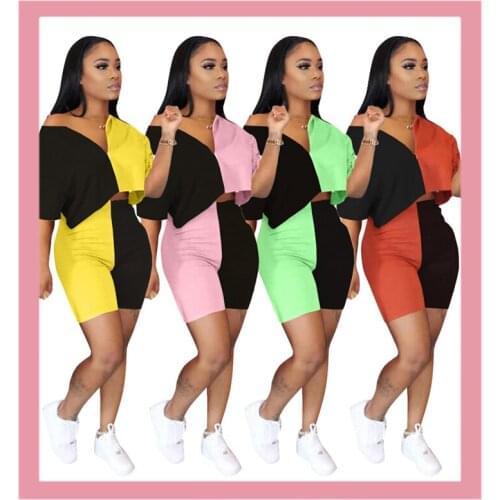 2020 Patchwork Summer Short Sleeve V Neck Sexy Tracksuit Women Tops And Biker Shorts Set Red Black Outfits 2 Piece Sets Clothing