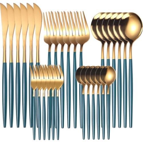Gold Cutlery Set 30pcs Steak Knife Fork Coffee Spoon Teaspoon Kitchen mirror finish Flatware Set Dishwasher Safe Cutlery Set