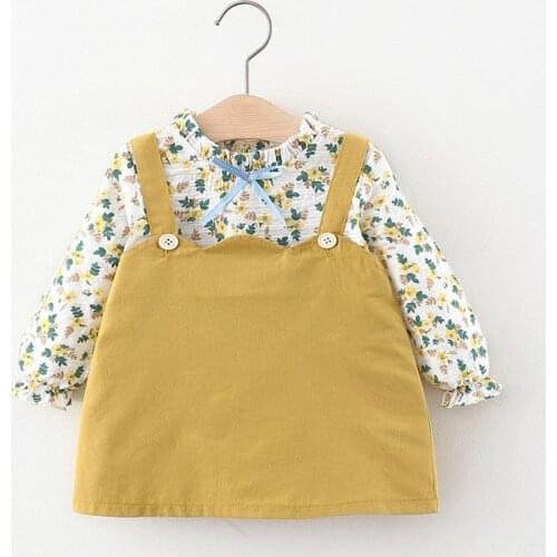 Baby Girl Dresses 2021 New Autumn Toddler Floral Tops Suspender Dress Suits Cotton Kids Long Sleeve Cute Bow Clothes
