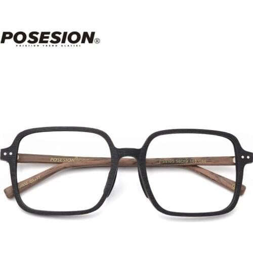 Posesion Square Acetata Transparent Large Eyeglasses Frames Wood Vintage Women Men Optical Glasses Clear Lens Eyewear Wooden