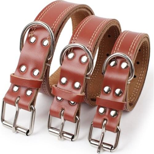 Strong Genuine Cow Leather Pet Dog Collar Solid Color Double Lines Collars For Large Dogs S M L