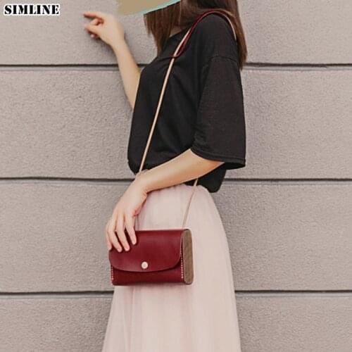 Genuine Leather And Wood Messenger Bag Women Vintage Casual Handmade Small Shoulder Crossbody Bags Handbag Purse Ladies Female