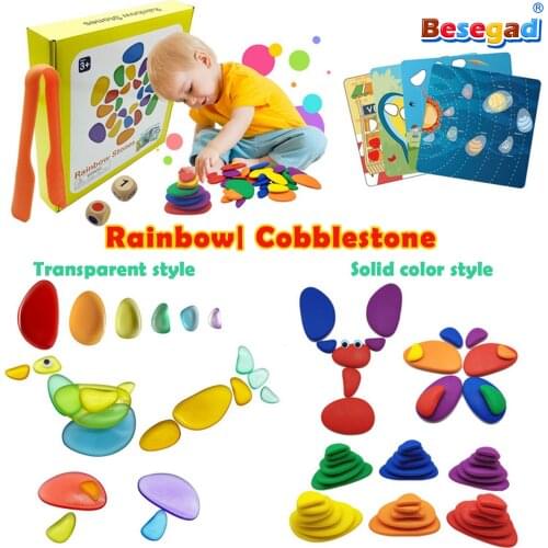 Montessori Solid Transparent Rainbow Pebbles Toys Plastic Pebbles Stacking Stones Game Educational Toys for Kids Birthday Gifts