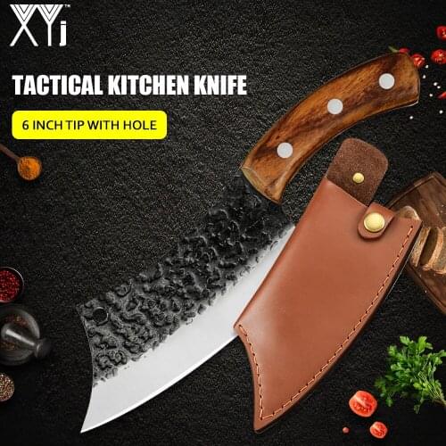 XYj 2PCS Handmade Forged Tactical Knife Leather Cover Sheath Serbian Chef Hiking Camping Fixed Knife Slicer Chopping Cleaver